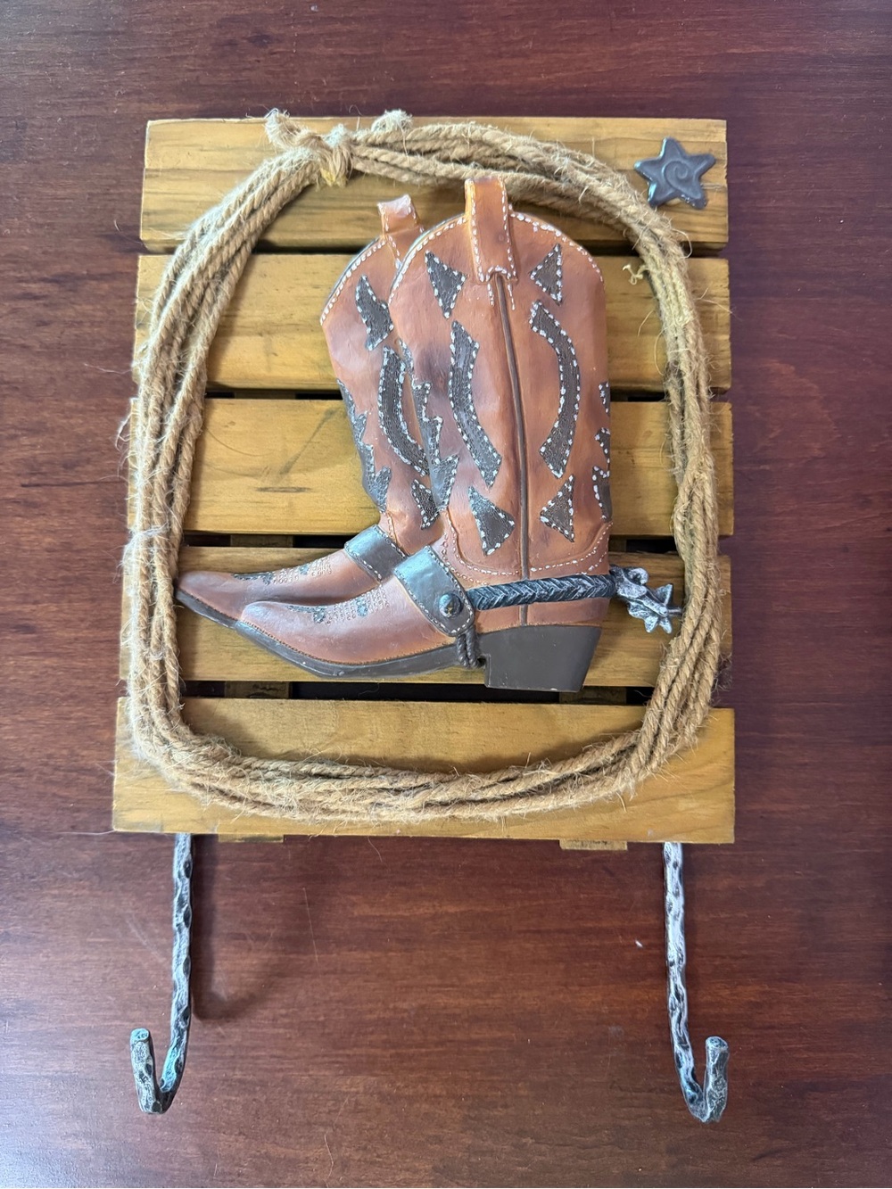 Rustic Brown Cowboy Boot Wall Hook - Unbranded